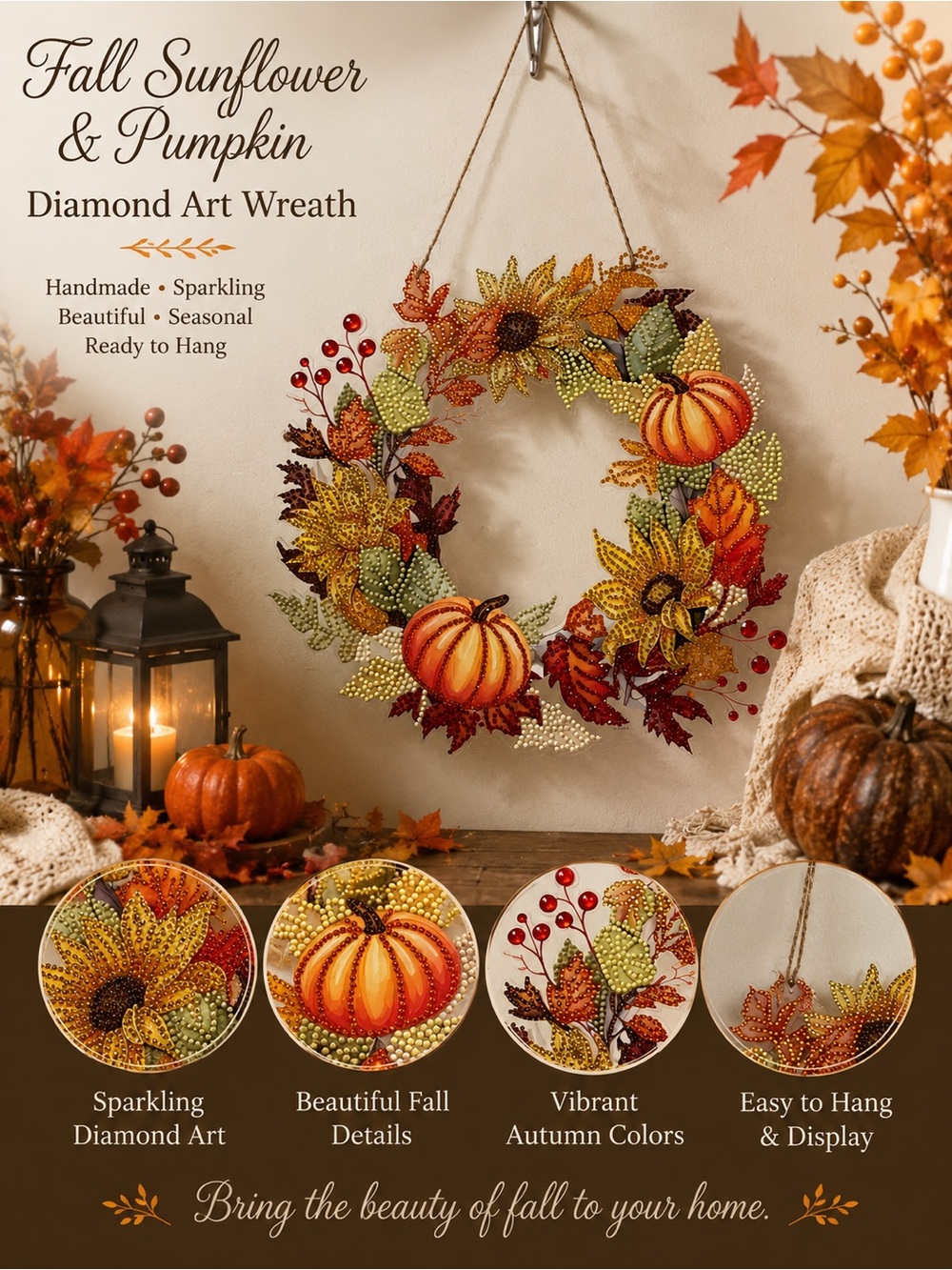 Fall Sunflower & Pumpkin Diamond Art Wreath - Orange Autumn Wall Decor Sealed